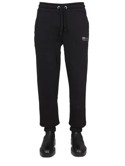 Alpha Industries Logo Pants Elastic Waistband Ribbed Cuffs In Black
