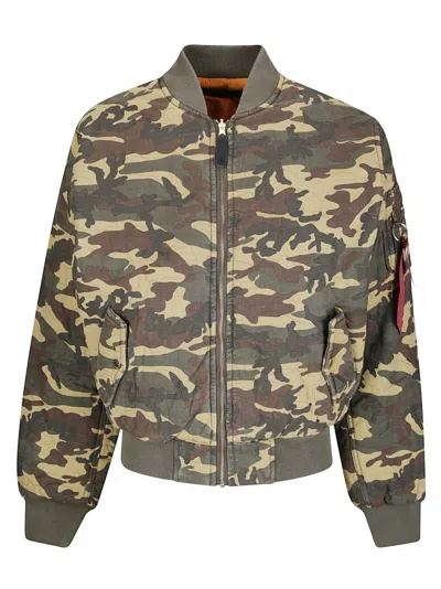 Alpha Industries Quilted Camouflage Bomber Jacket With Padded Texture And Functional Pockets In Multi
