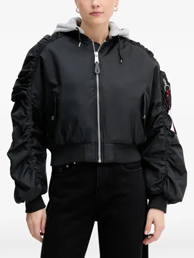 Alpha Industries Ruched Hooded Bomber Jacket In Black