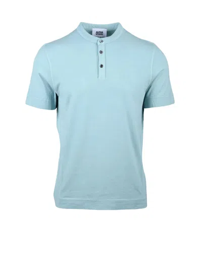 Alpha Studio Aqua Cotton Elastane Stretch Henley In Blue