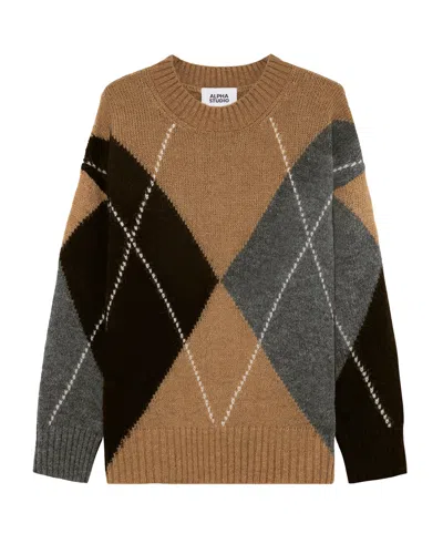Alpha Studio Argyle Crewneck Sweater In Var.marrone