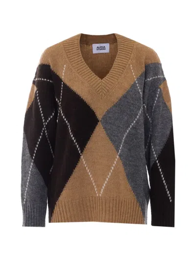 Alpha Studio Argyle Intarsia V-neck Sweater In Multi