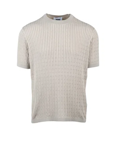 Alpha Studio Beige Cotton Cable Knit Crew Knit Top In Gray
