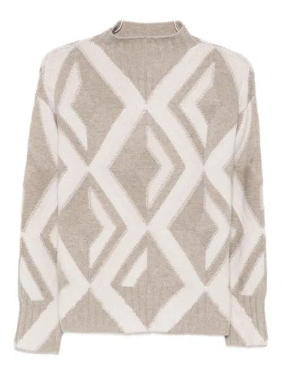 ALPHA STUDIO BEIGE KNIT SWEATER WITH GEOMETRIC PATTERN
