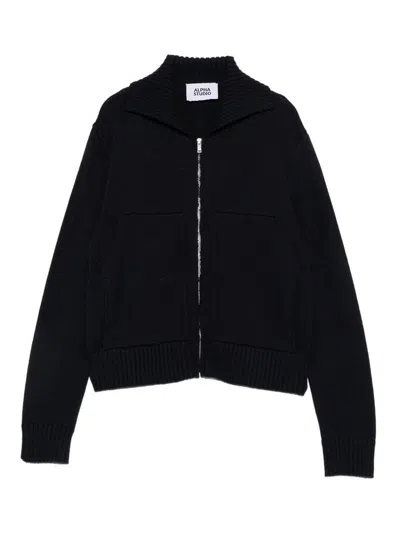 Alpha Studio Blue Wool Zip-up Cardigan In Black