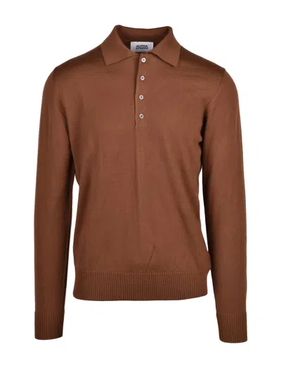 Alpha Studio Brown Extrafine Merino Wool Long-sleeve Polo Shirt