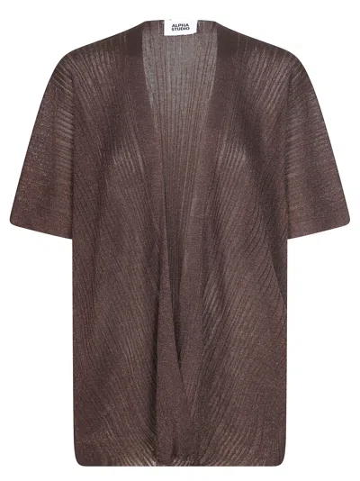 Alpha Studio Brown Viscose Ribbed Open Front Cardigan