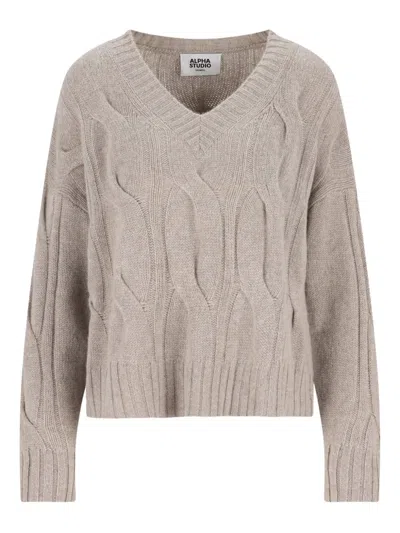 ALPHA STUDIO CABLE-KNIT V-NECK SWEATER