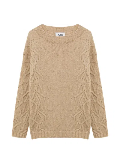 Alpha Studio Cable-knit Drop-shoulder Sweater In Brown