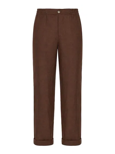 Alpha Studio Chocolate Linen Trousers In Multi