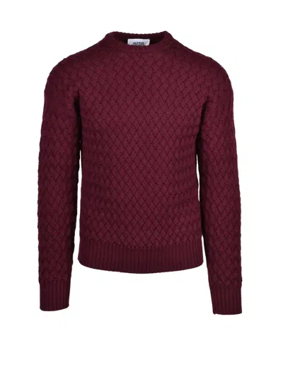 Alpha Studio Chunky Cable Knit Sweater With Classic Crew Neckline In Burgundy