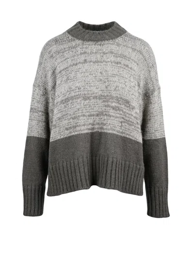 Alpha Studio Crew Neck Lamé Sweater With Two-tone Knit Design In Gray