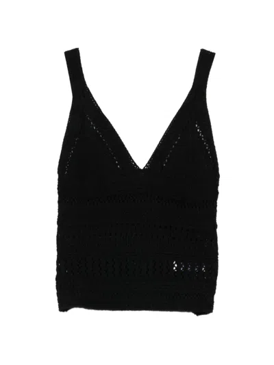 Alpha Studio Crochet V-neck Top In Black