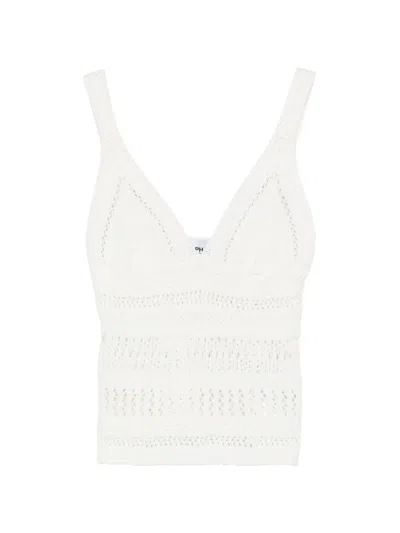 Alpha Studio Crochet V-neck Top In White