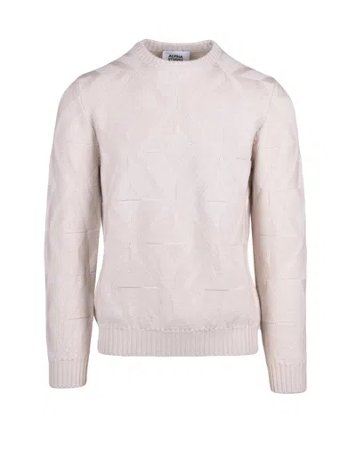Alpha Studio Extra-fine Merino Wool Crewneck Sweater With Geometric Knit Pattern In White