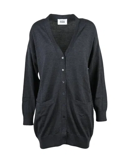 Alpha Studio Extrafine Merino Wool V-neck Cardigan In Black