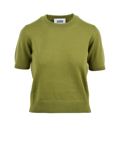 Alpha Studio Fitted Short-sleeve Wool Sweater In Pistachio Green