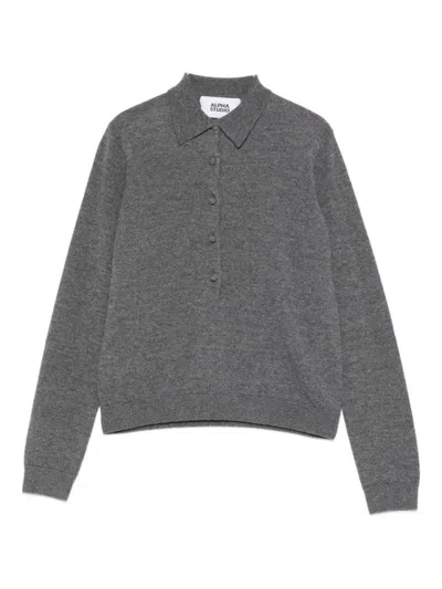 ALPHA STUDIO GREY KNIT SWEATER WITH CLASSIC POLO COLLAR AND TAILORED FIT