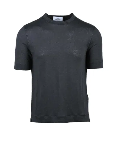 Alpha Studio Grey Linen Elastane T-shirt In Blue