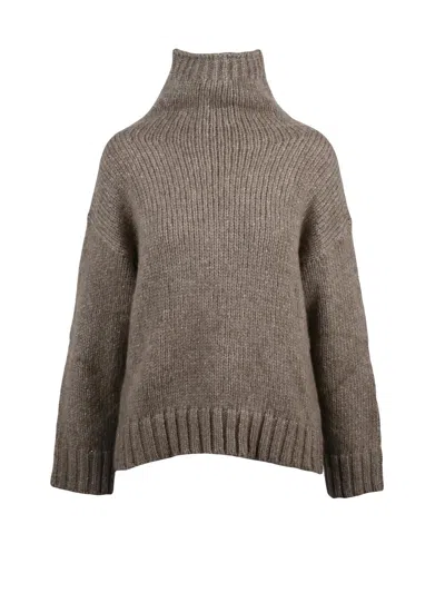Alpha Studio High Neck Sweater With Lamé Inlay And Relaxed Fit In Brown