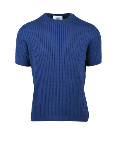 Alpha Studio Indigo Cotton Cable Knit Crew Top In Blue