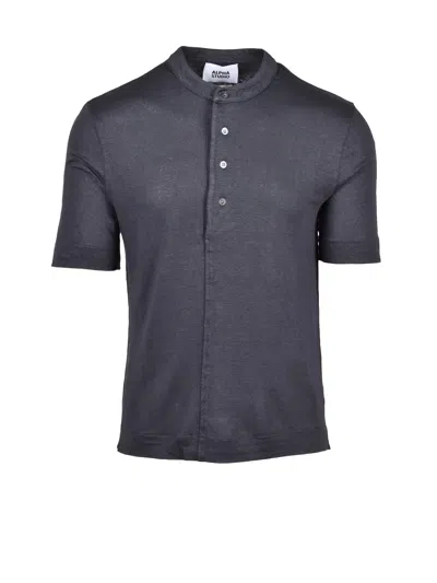 Alpha Studio Linen Elastane T-shirt With Korean Collar And Minimalist Design In Gray