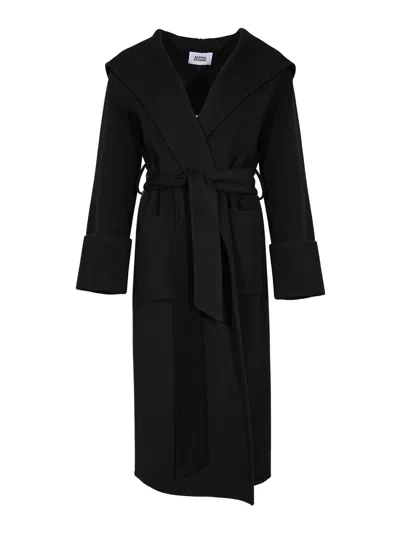 Alpha Studio Long Double Wool Coat With Hood In Black