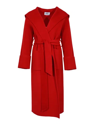Alpha Studio Long Double Wool Coat With Hood In Red