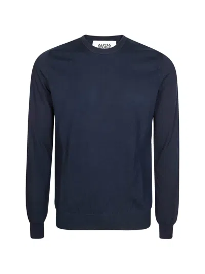 Alpha Studio Long-sleeve Crewneck T-shirt In Blue