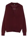 Alpha Studio Long-sleeved Deep V-neck Merino Wool Top In Burgundy