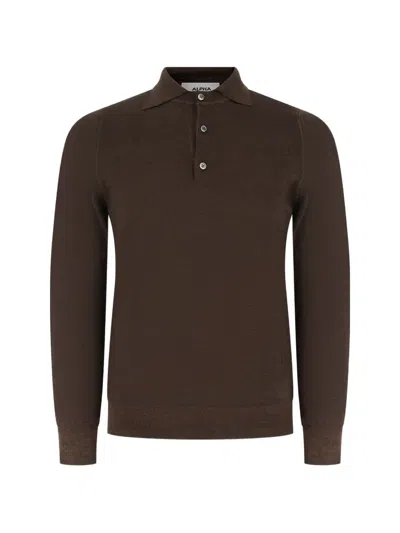 Alpha Studio Long-sleeve Fine-knit Polo Shirt In Brown