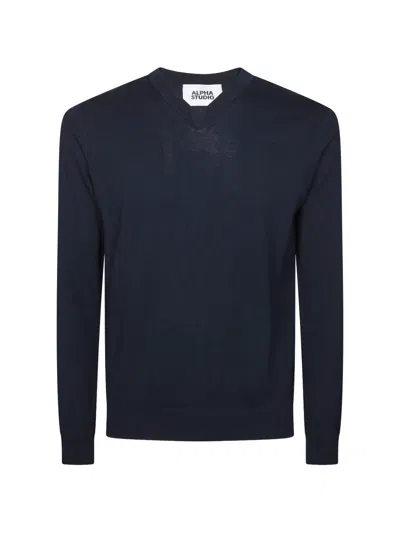 Alpha Studio Long-sleeve V-neck Sweater In Blue