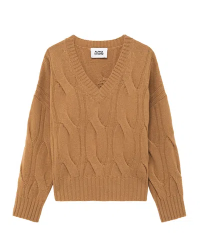 Alpha Studio Boxy Knit Sweater With V-neckline And Cable Knit Texture In Brown