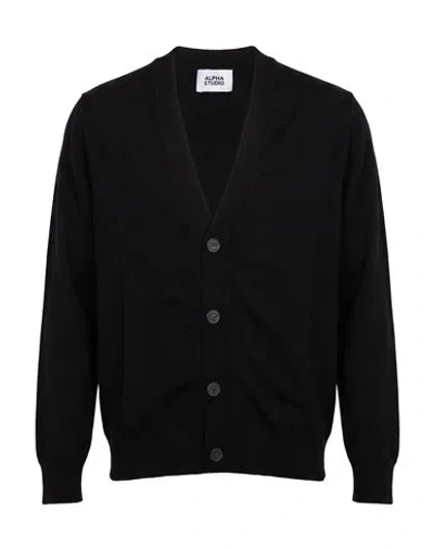 Alpha Studio Man Cardigan Black Size 46 Merino Wool, Ovine Leather