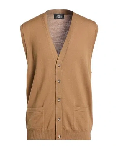 Alpha Studio Man Cardigan Camel Size 42 Merino Wool In Brown