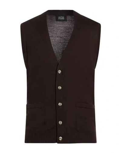 Alpha Studio Man Cardigan Dark Brown Size 36 Merino Wool