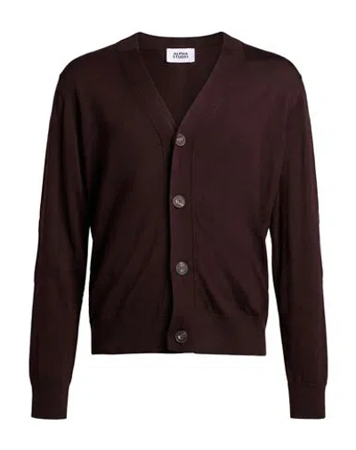 Alpha Studio Man Cardigan Dark Brown Size 42 Merino Wool, Ovine Leather