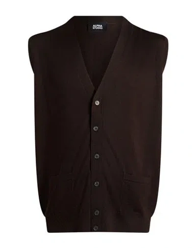 Alpha Studio Man Cardigan Dark Brown Size 44 Merino Wool In Burgundy