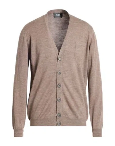 Alpha Studio Man Cardigan Khaki Size 42 Merino Wool In Brown