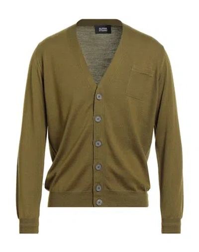 Alpha Studio Man Cardigan Military Green Size 40 Merino Wool