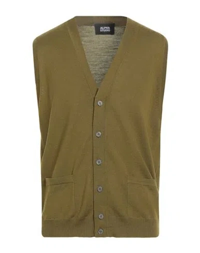 Alpha Studio Man Cardigan Military Green Size 42 Merino Wool