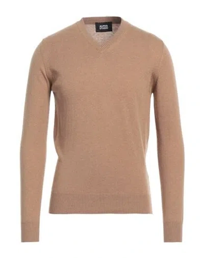 Alpha Studio Man Sweater Camel Size 36 Geelong Wool In Beige