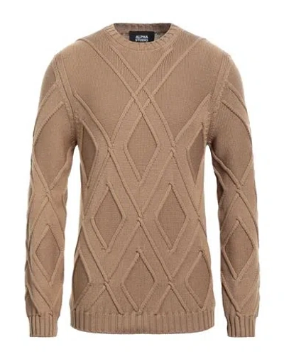 Alpha Studio Man Sweater Camel Size 42 Merino Wool In Beige