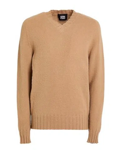 Alpha Studio Man Sweater Camel Size 40 Wool In Beige