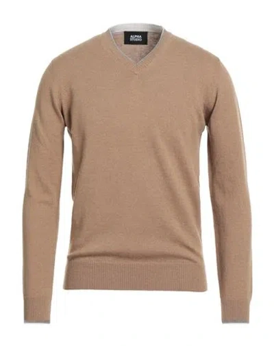 Alpha Studio Man Sweater Camel Size 44 Geelong Wool In Beige