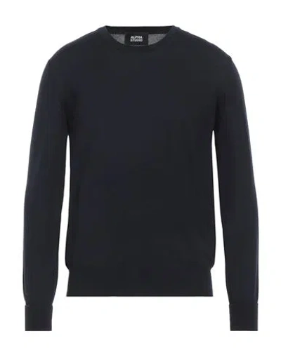 Alpha Studio Man Sweater Midnight Blue Size 50 Merino Wool, Leather