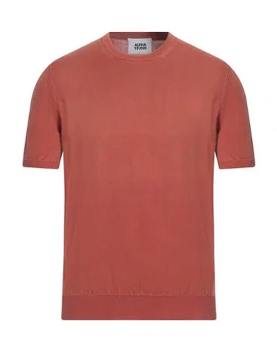 Alpha Studio Man Sweater Rust Size 46 Cotton In Red