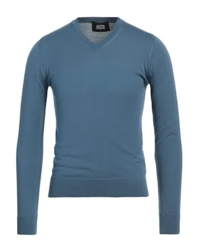 Alpha Studio Man Sweater Slate Blue Size 42 Sea Island Cotton