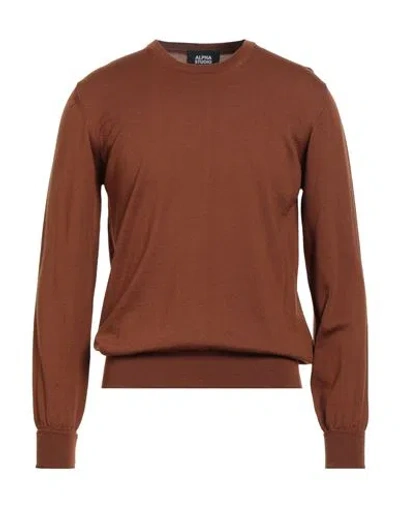 Alpha Studio Man Sweater Tan Size 40 Merino Wool, Leather In Brown