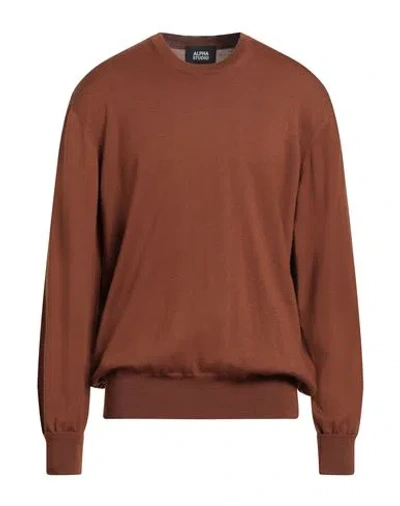 Alpha Studio Man Sweater Tan Size 42 Merino Wool In Brown